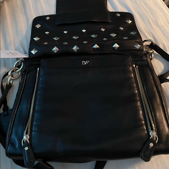Diane Von Furstenberg Black Work Purse Tablet edgy rocker stud chic work travel - Picture 7 of 11
